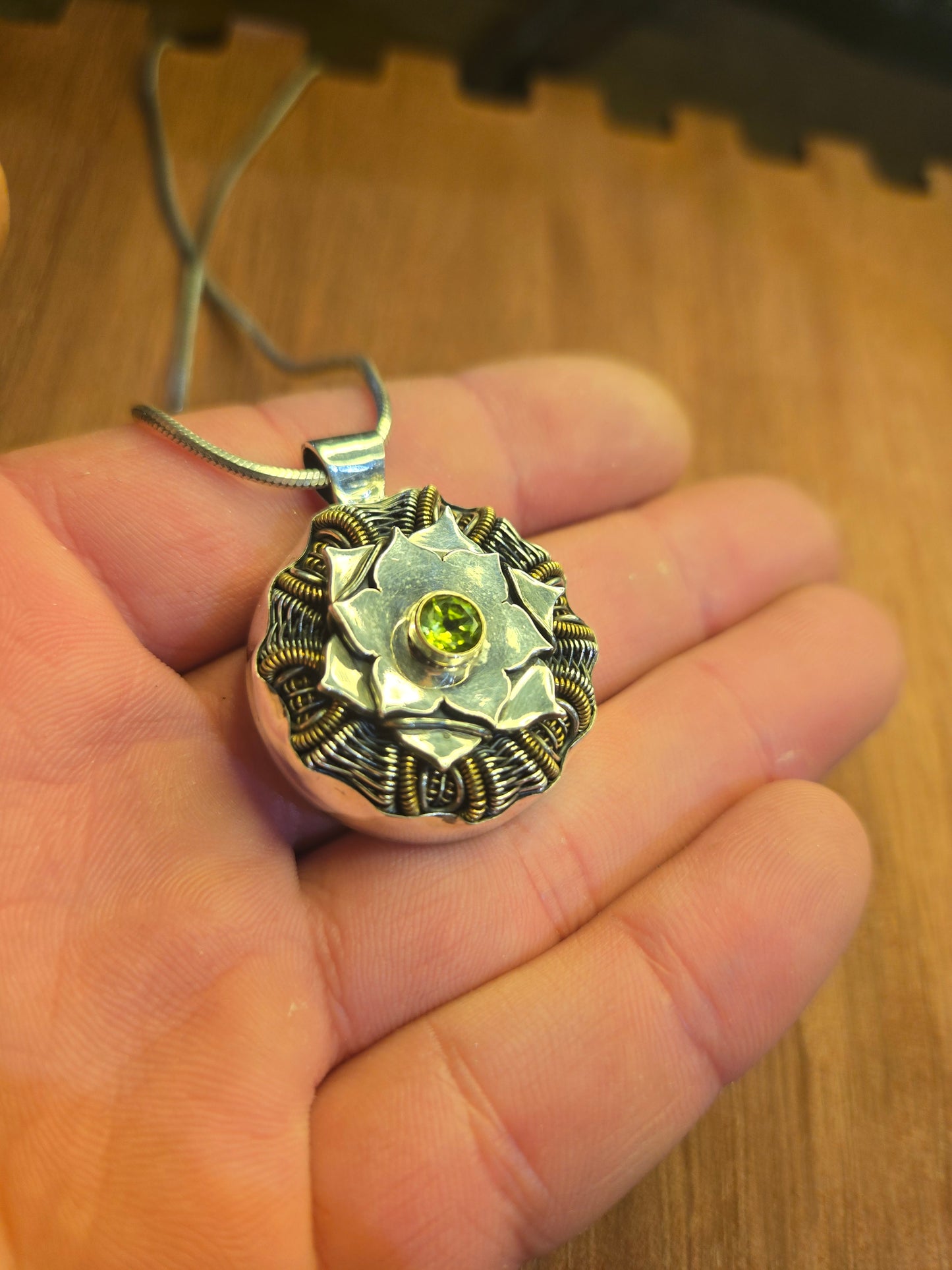 Sterling and 14k gold Peridot mandala