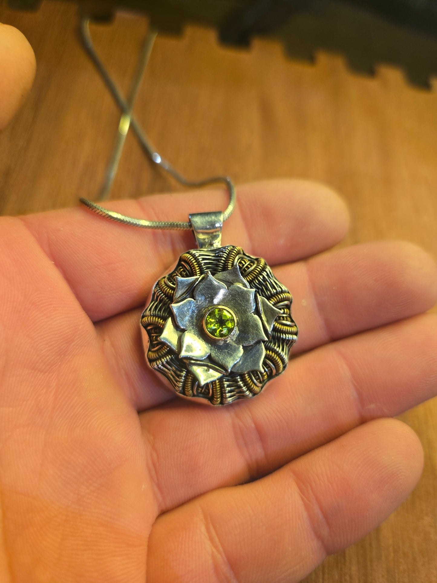 Sterling and 14k gold Peridot mandala